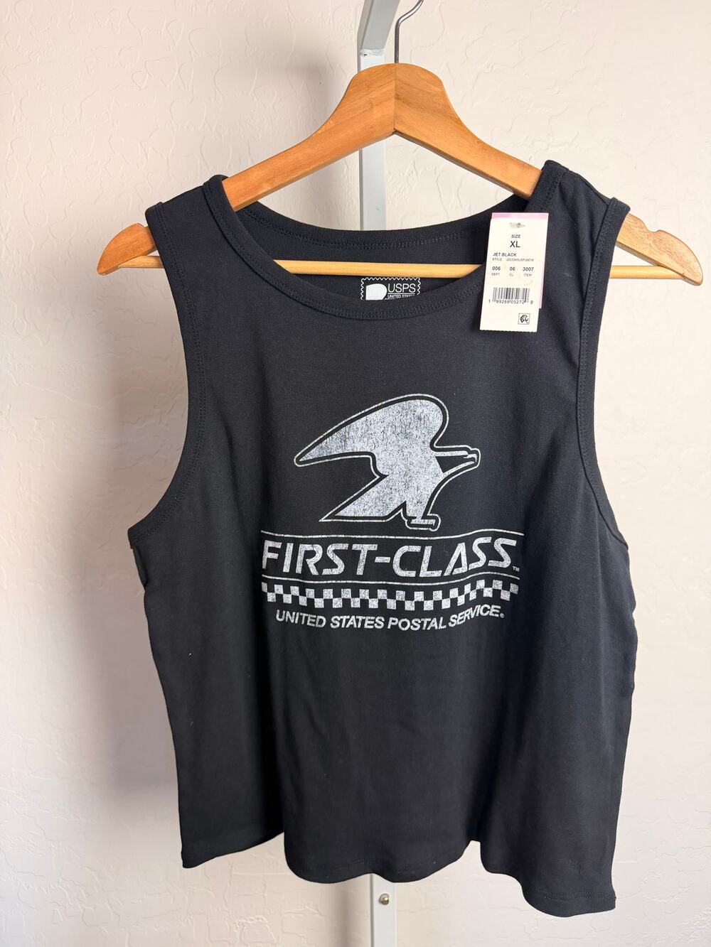 USPS First-Class Graphic Tank Top Women’s Size XL Black Sleeveless Shirt NWT